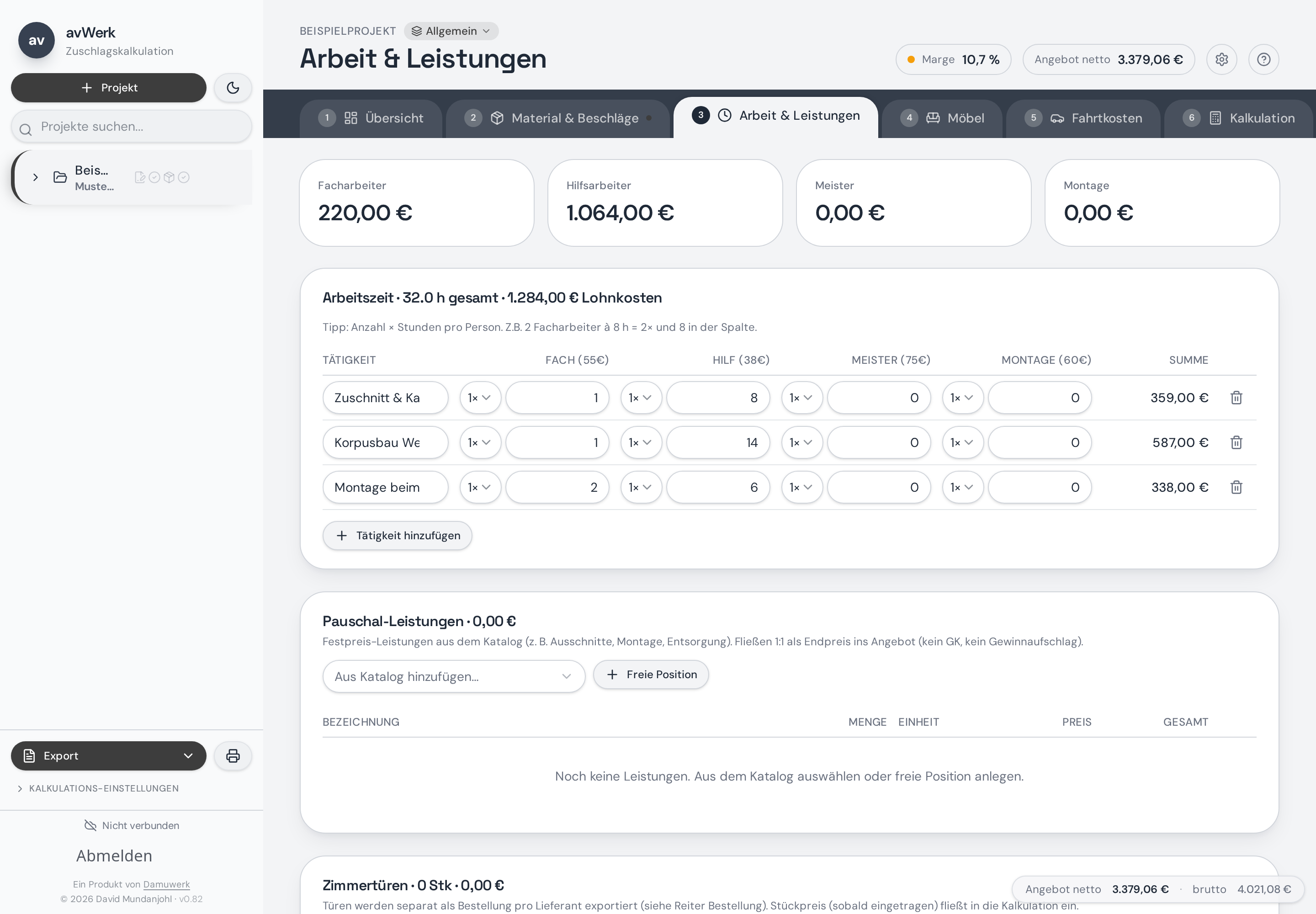 avWerk Arbeit & Leistungen mit Tätigkeiten und Stunden