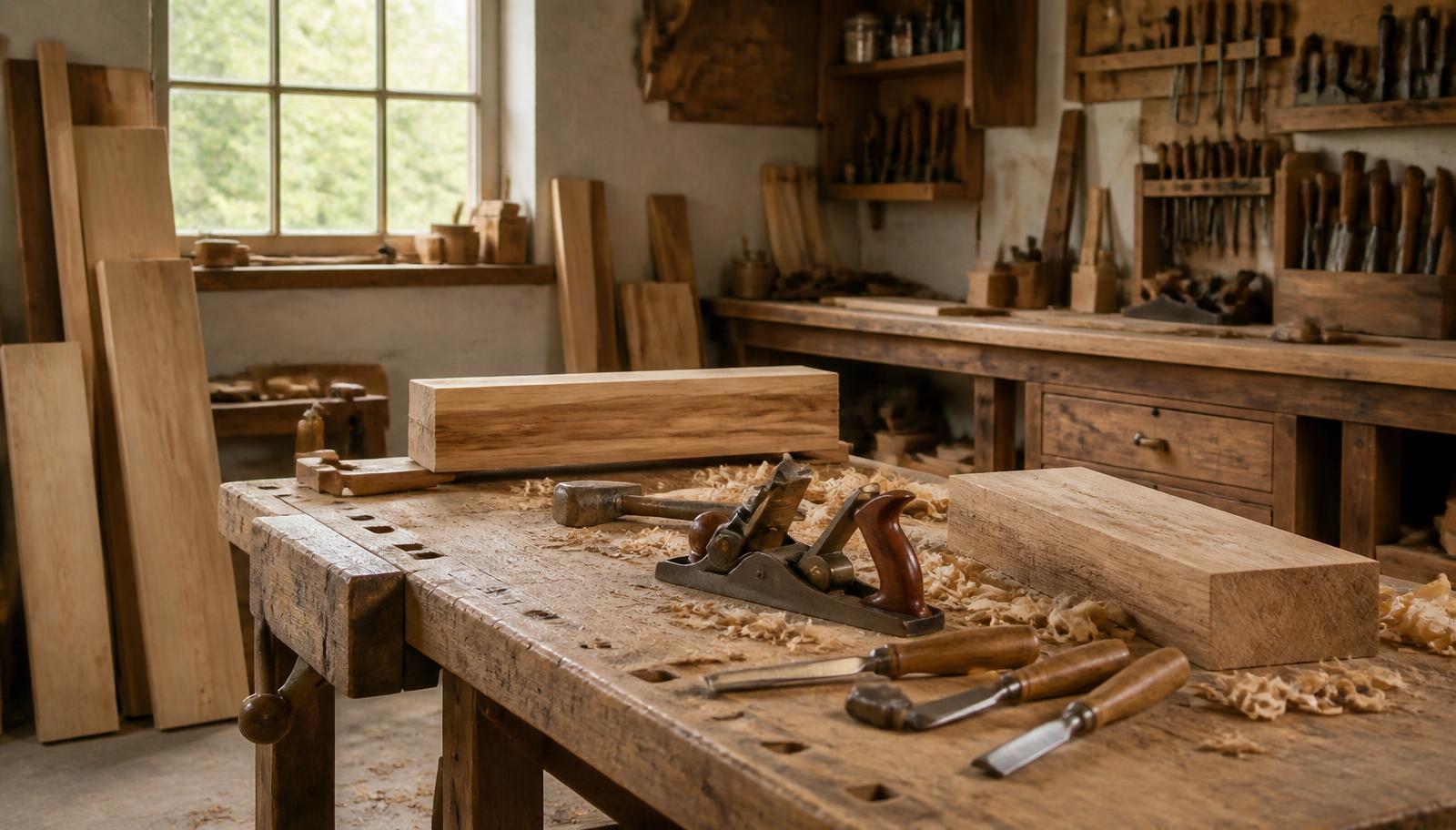 Werkbank mit Handwerkzeug in einer Tischlerwerkstatt