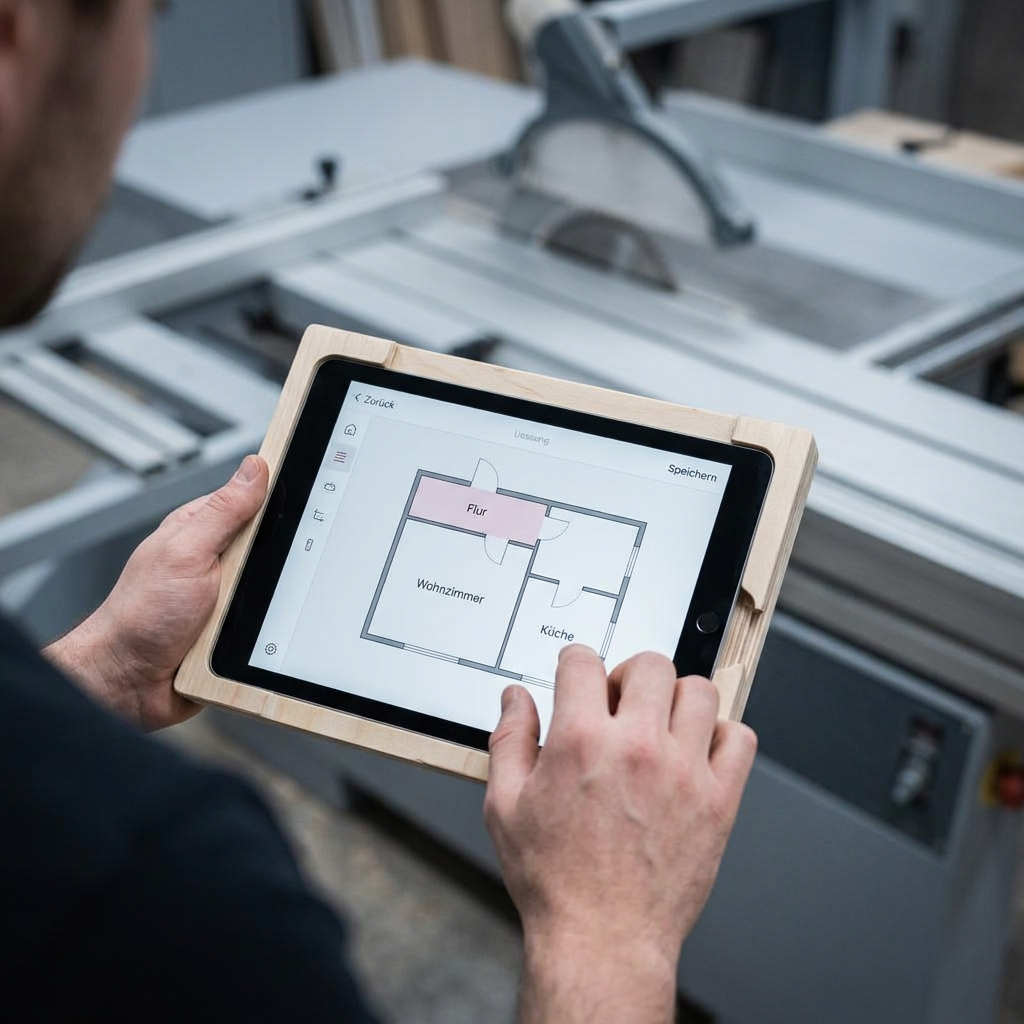 Tischler mit iPad in der Werkstatt – moderne Aufmaß-Erfassung am Arbeitsplatz