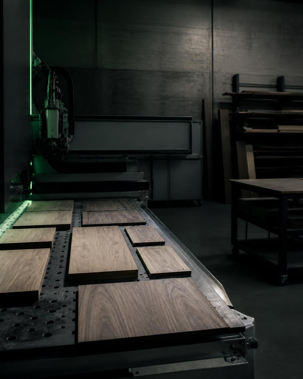 Moderne Tischlerwerkstatt mit CNC-Maschine und zugeschnittenen Holzplatten